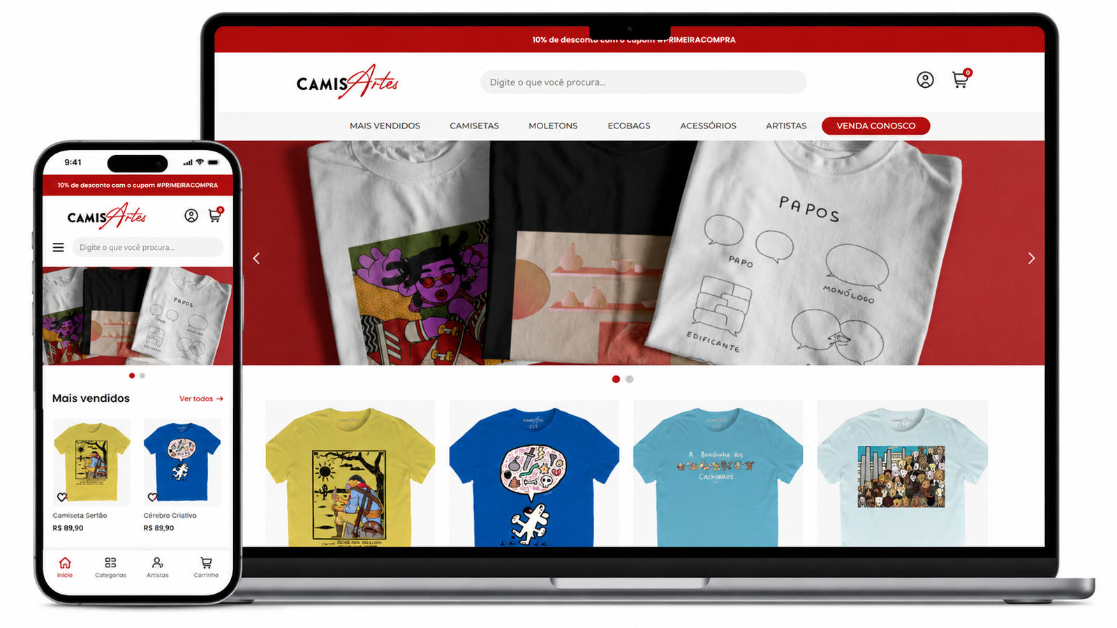 Composição principal do marketplace CamisArtes