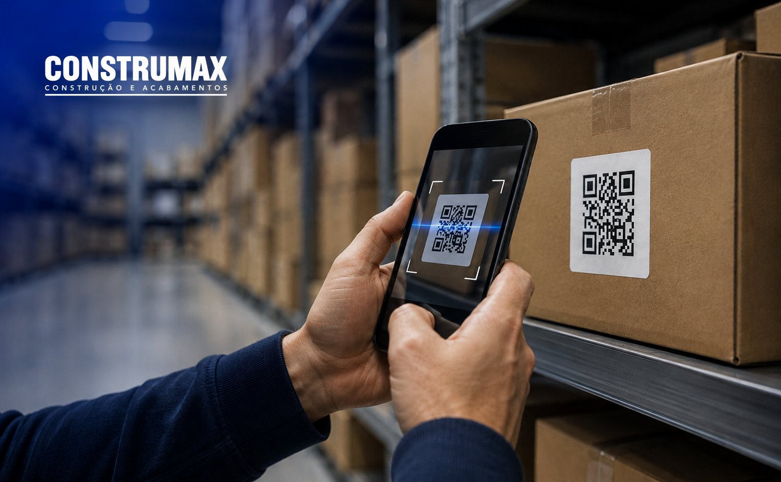 Leitura de QR code em caixa no estoque da Construmax