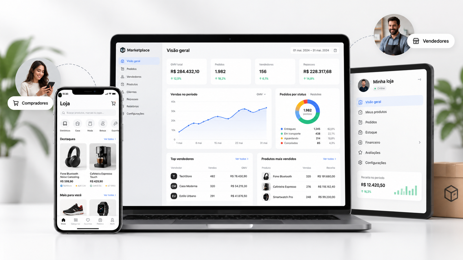 Interface do marketplace — vitrine, vendedores, pedidos, repasses e dashboard