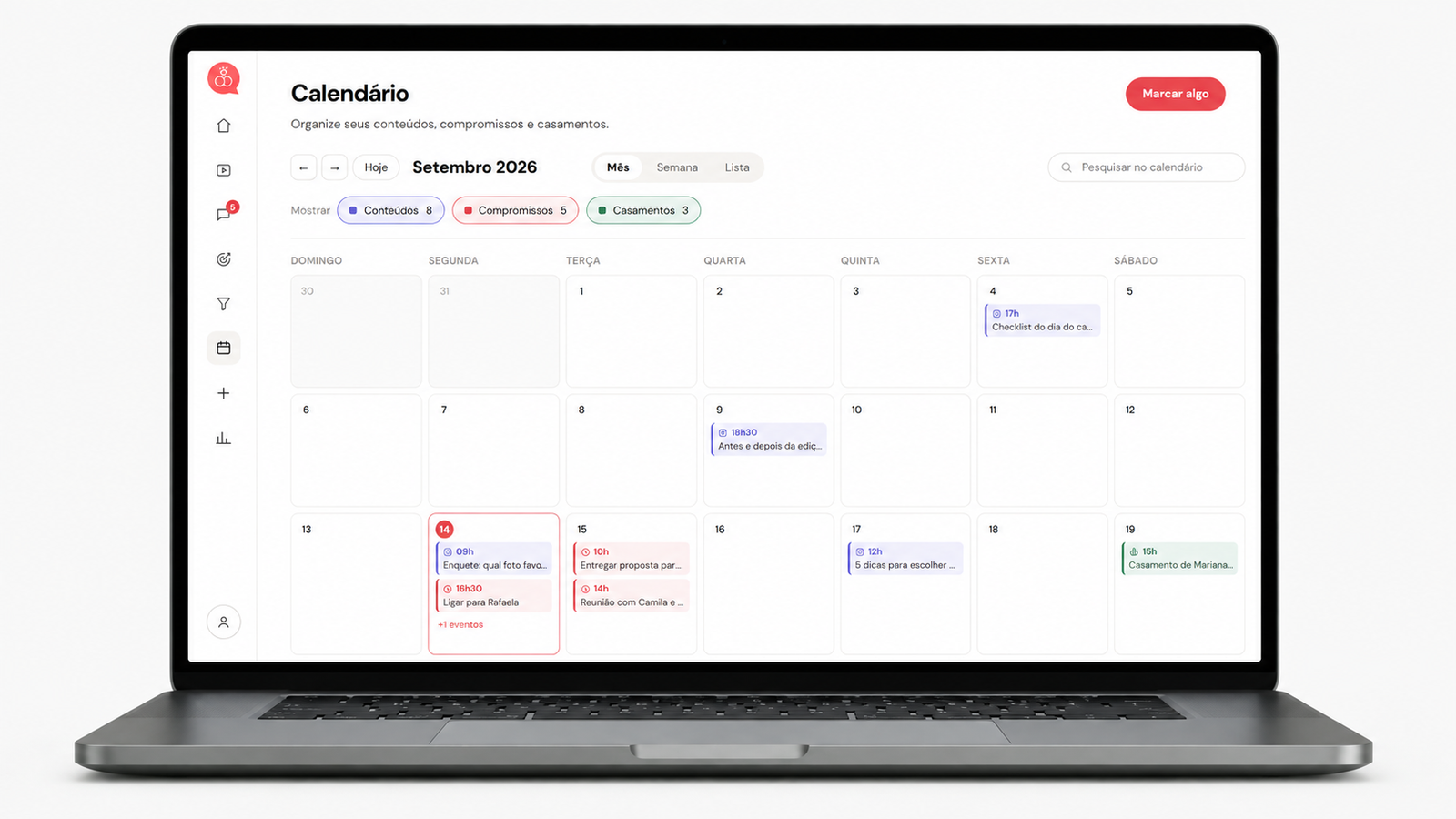 Calendário do Noivei com conteúdos, compromissos e casamentos em um notebook